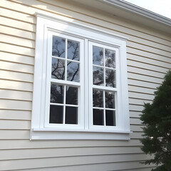 Elegant Double Hung Window with Vinyl Siding and White Grilles Dividing Sash - Perfect for Colonial