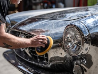 A car enthusiast carefully polishes the chrome grill of a classic vehicle in a garage. The sun reflects off the shiny surface as dedication shines through.