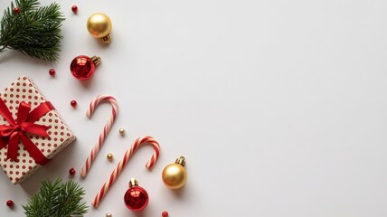 Minimalist Christmas flat lay with red polka dot gift box, pine branches, candy canes, and festive red-gold ornaments