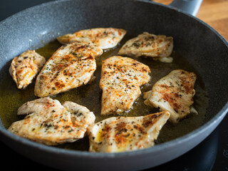 Frying chicken cutlets in frying pan, close-up	