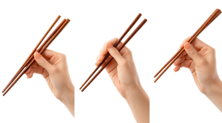 Three hands holding wooden chopsticks