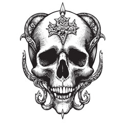 Vintage Skull with Symbol Illustration – Occult Engraved Memento Mori Artwork

