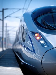 Obraz premium A sleek high-speed train is parked at a contemporary station, showcasing its shiny exterior and advanced design while clear skies provide a bright backdrop.