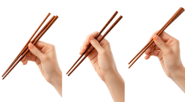 Three hands holding wooden chopsticks - Powered by Adobe