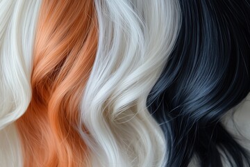 Close-up view of a vibrant, wavy hairpiece with a mix of rich colors;  soft, elegant, and beautiful.