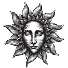 Celestial Sun Face Illustration &ndash; Vintage Engraved Mystical Solar Symbol
