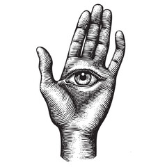 Mystic Hand with Eye Illustration &ndash; Vintage Engraved Esoteric Symbol Drawing
