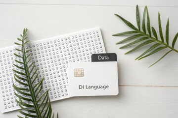 Data Card and Binary Code Notebook on White Wooden Surface