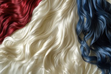 A close-up view of vibrant red, white, and blue hair, showcasing the texture and color in a visually captivating design.