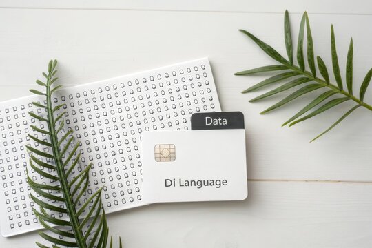 Data Card and Binary Code Notebook on White Wooden Surface - Powered by Adobe