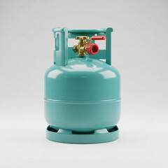 Teal gas cylinder with a red valve lever on top.
