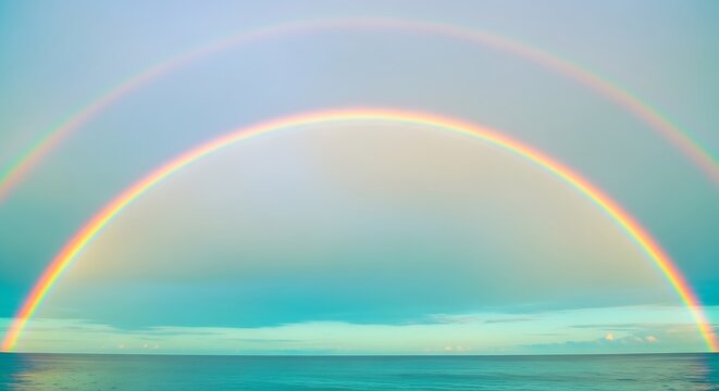 Stunning double rainbow arcing over the ocean horizon, creating a vibrant and peaceful scene full of hope and wonder for travel and lifestyle brands