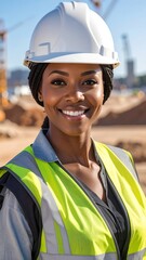 Smiling woman construction worker in a hard hat and safety vest
