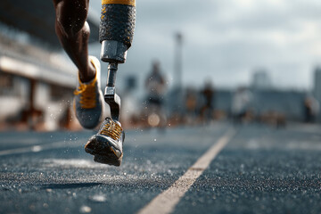 Athlete running with prosthetic leg on a track, showing determination and strength