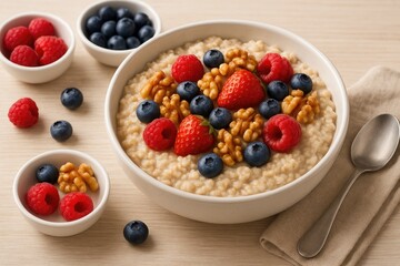 Creamy oatmeal bowl topped with strawberries, blueberries, raspberries, and walnuts on wooden table