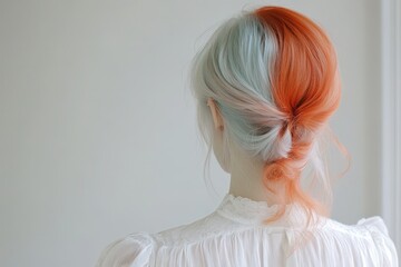 A stylish, updo hairstyle with vibrant, pastel-toned, two-tone colored hair, set against a neutral background.