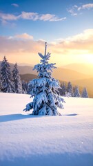 Snowy mountain landscape at sunset, featuring a snow-covered evergreen tree