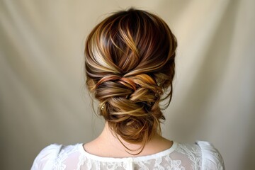 A sophisticated updo with warm tones highlights a woman's styled hair against a neutral backdrop.