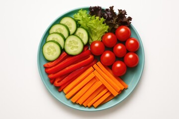 Turquoise plate displays fresh cucumber slices, cherry tomatoes, carrot sticks, red bell pepper strips, and mixed leafy greens