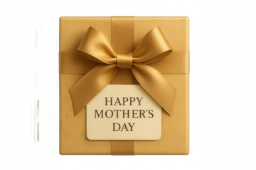 Golden gift box tied with a satin ribbon and bow, featuring a happy mother's day message on a small tag, on transparent background