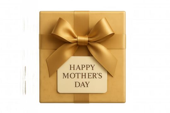 Golden gift box tied with a satin ribbon and bow, featuring a happy mother's day message on a small tag, on transparent background