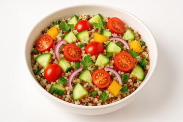 Colorful quinoa salad in white bowl with cherry tomatoes, cucumbers, bell peppers, red onions, and parsley