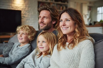 Family enjoying entertainment together, smiling and bonding in their living room
