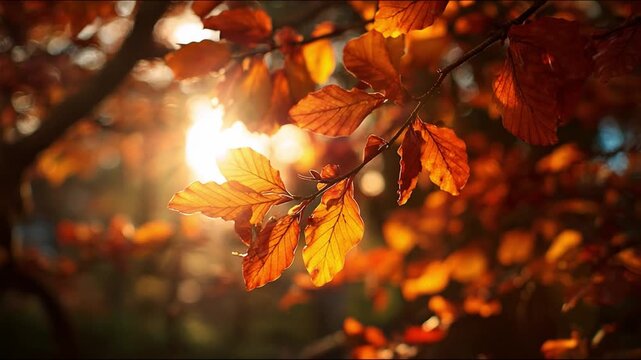 Autumnal Leaves in Sunlight: The sun's golden rays filter through vibrant orange and brown autumn leaves, a breathtaking scene of natural beauty and seasonal change.