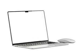 Sleek silver laptop with transparent screen, narrow bezels, and minimalist wireless mouse, isolated on seamless transparent background in high-key studio, 45-degree isometric view, modern technology