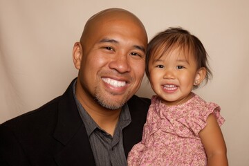 A smiling father holds his happy daughter close, radiating warmth and family love in a soft, natural light portrait.