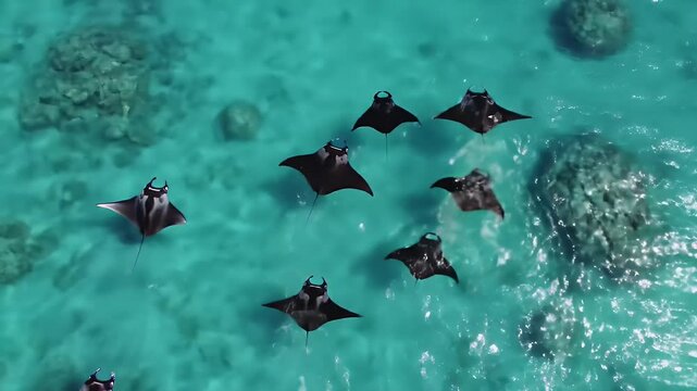 Aerial View of Manta Rays Swimming Gracefully in Turquoise Waters Drone Footage of Marine Wildlife Under Sunlight Rays School of Rays Gathering in Open Ocean Nature Scene 190 characters