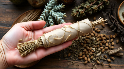 Artemisia absinthium dried herb smudging bundle in hand. Herbal medicine, artemisia bundle, dried sagebrush on altar, absinthe preserved plants, folk medicine, negative energy cleaning, healing ritual