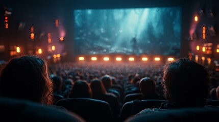 People enjoying a film on the big screen in a crowded movie theater