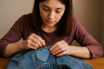 Woman sewing a heart patch onto a denim jacket at home