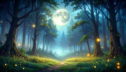 Dark haunted forest with glowing fireflies and eerie full moon, subtle fog and soft empty space for writing