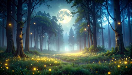 Dark haunted forest with glowing fireflies and eerie full moon, subtle fog and soft empty space for writing