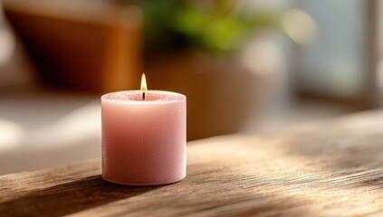 A soft pink candle sits on a wooden surface, bathed in natural light.