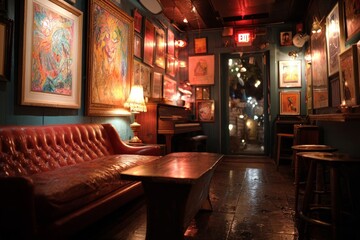 Vintage dimly lit bar interior creating a cozy and intimate atmosphere with art on walls