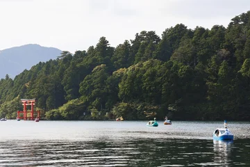 Fototapete Torii Tore Several swan boats floating on Lake Ashi in Hakone  © Mt. Cape