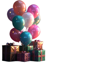 Joyful Event Décor – Floating Balloons with Glittering Confetti and Wrapped Presents PNG 