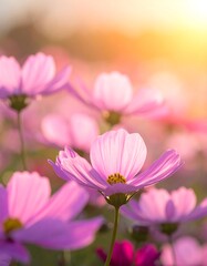 Soft-light illuminates a field of light pink cosmos flowers at sunset