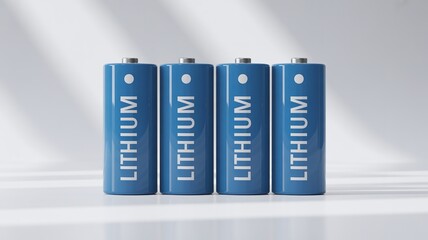 Row of Four Blue Lithium Rechargeable Batteries 3D Rendered on a Clean White Background for High-Power Electronic Device Product Advertising