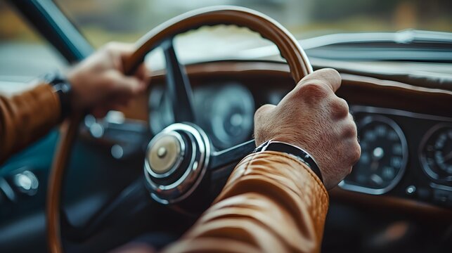 Hands on a classic car's steering wheel