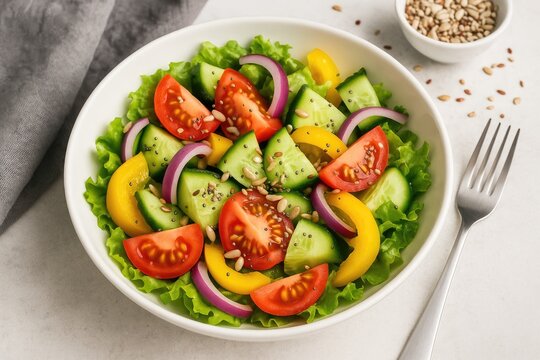 Colorful fresh vegetable salad in white bowl with tomatoes, cucumbers, yellow peppers, red onions, and lettuce