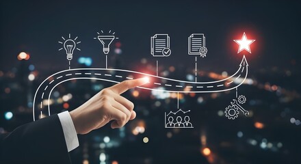 Hand touching glowing road with idea, document, analytics and star icons