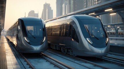 Two sleek trains stand side by side at an urban station during the early morning. Sunlight reflects off the glass and steel of skyscrapers nearby.