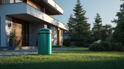 Naklejka premium Modern Home Exterior with Green Trash Can, Lush Lawn, and Evergreen Trees.