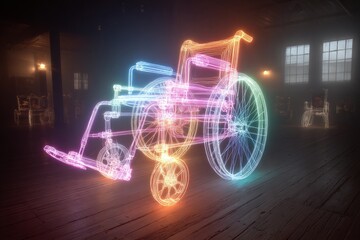 Wireframe wheelchair rendering with vibrant neon colors illustrating modern disability aid indoors