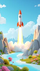 Stylized rocket launching from a valley, bright, colorful, 3D render
