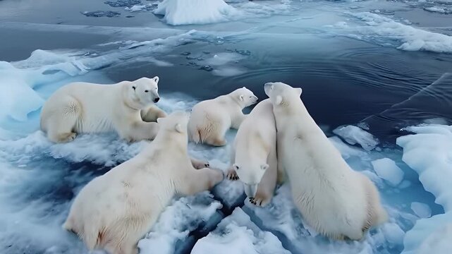 Aerial View of Polar Bears Resting on Ice Floes in Arctic Waters White Bears on Blue Ice Wildlife Conservation Global Warming Impact Scenic Arctic Landscape Documentary Footage